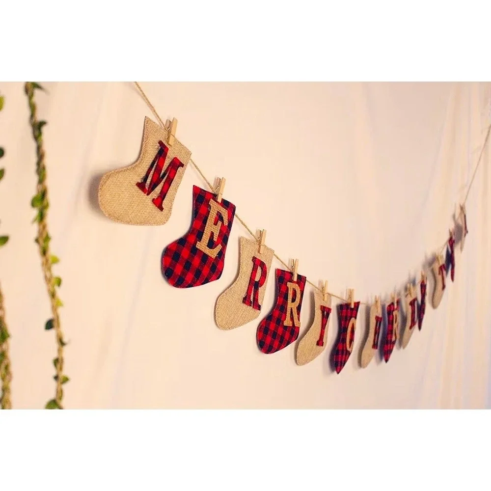 Merry Christmas Burlap Banner Red Buffalo Plaid Stocking Garland Rustic Decor